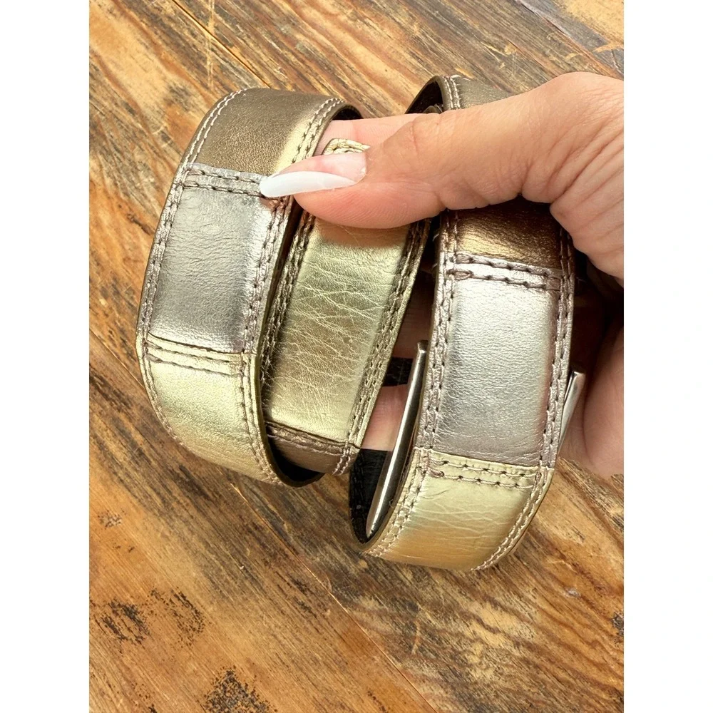 Vintage Y2K Fossil Genuine Leather Metallic Patchwork Belt  Bronze Gold Silver‎